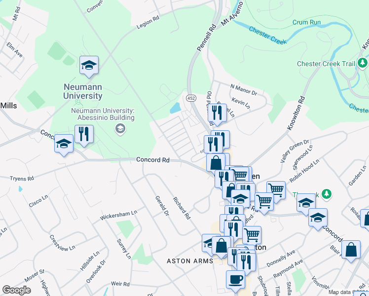map of restaurants, bars, coffee shops, grocery stores, and more near 166 4th Avenue in Media