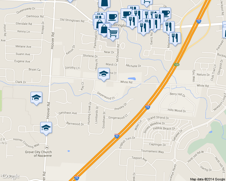 map of restaurants, bars, coffee shops, grocery stores, and more near 2626 Geyerwood Court in Grove City