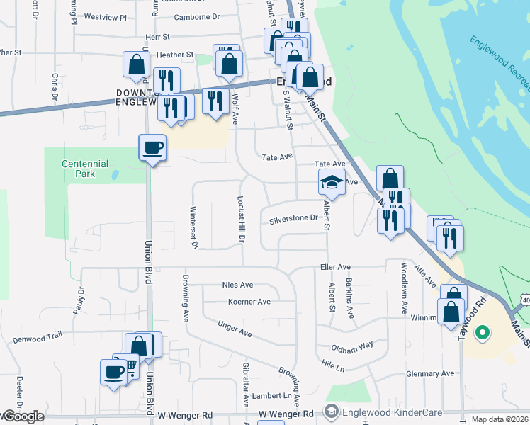 map of restaurants, bars, coffee shops, grocery stores, and more near 304 Brownstone Drive in Englewood