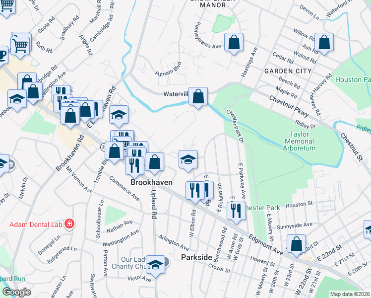 map of restaurants, bars, coffee shops, grocery stores, and more near 63 Park Valley Lane in Brookhaven