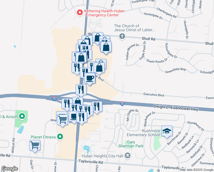 map of restaurants, bars, coffee shops, grocery stores, and more near 5700 Executive Boulevard in Huber Heights