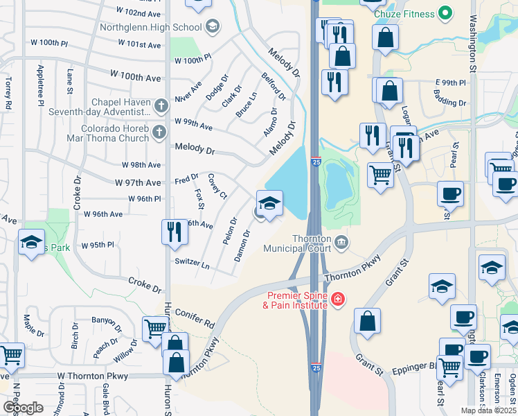 map of restaurants, bars, coffee shops, grocery stores, and more near 9645 Damon Drive in Northglenn