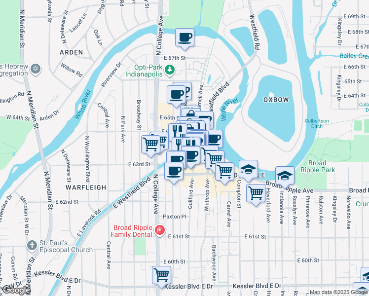map of restaurants, bars, coffee shops, grocery stores, and more near 6327 Ferguson Street in Indianapolis