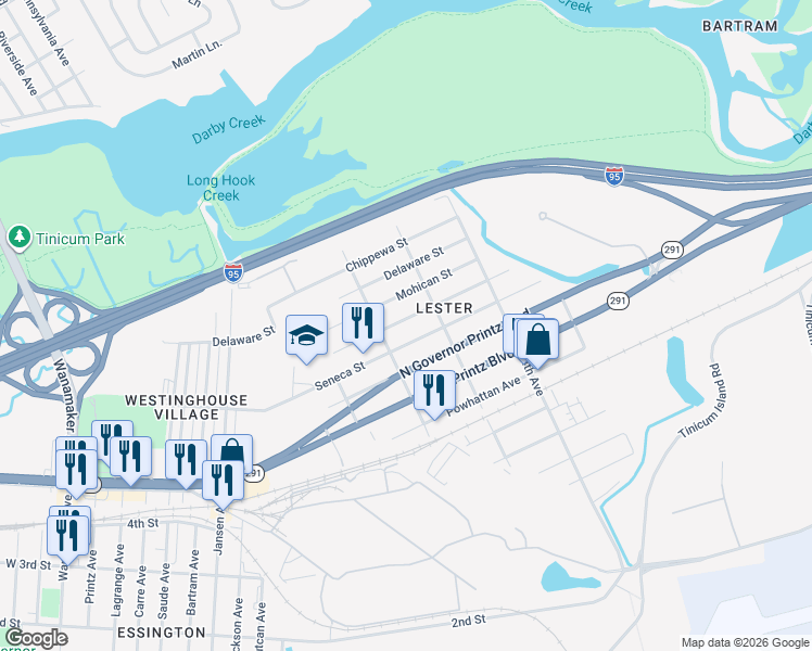 map of restaurants, bars, coffee shops, grocery stores, and more near 210 Pontiac Street in Tinicum Township