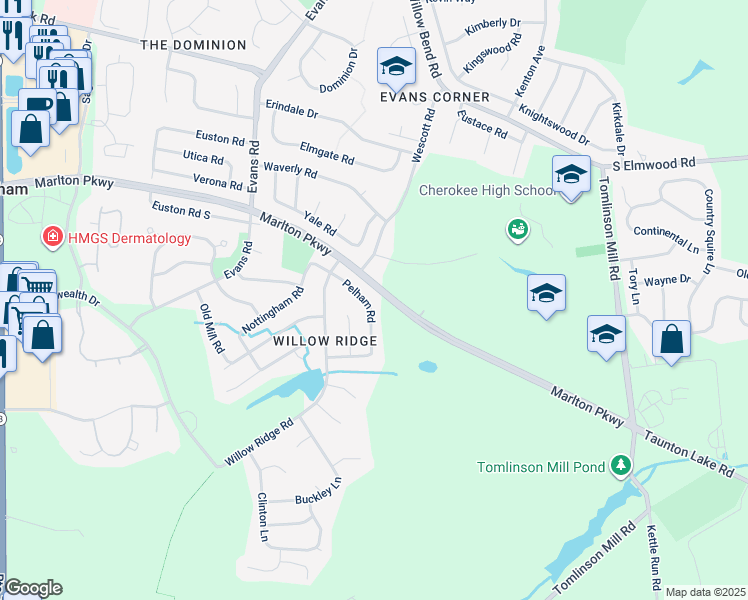 map of restaurants, bars, coffee shops, grocery stores, and more near 16 Pelham Road in Evesham