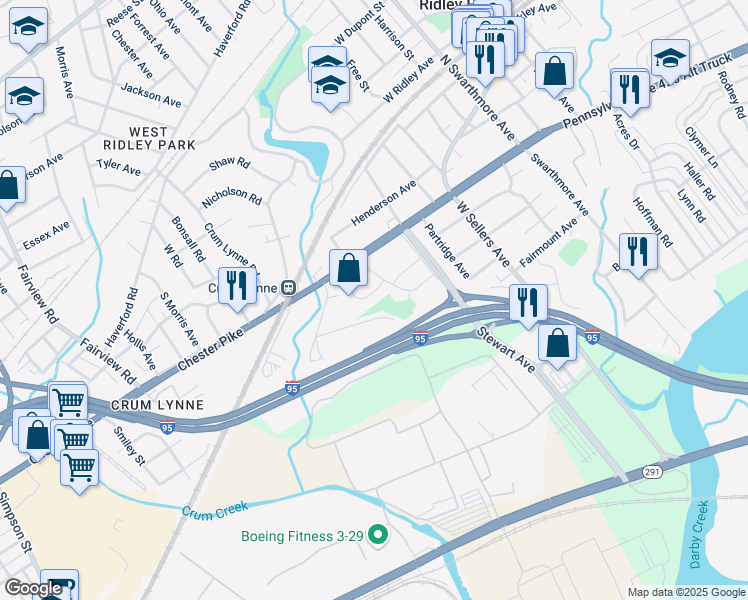 map of restaurants, bars, coffee shops, grocery stores, and more near 45 Collier Circle in Ridley Park