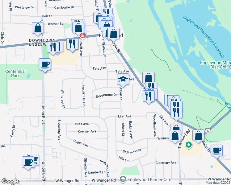 map of restaurants, bars, coffee shops, grocery stores, and more near 107 Silverstone Dr in Englewood