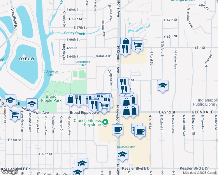 map of restaurants, bars, coffee shops, grocery stores, and more near 6304 Douglas Road in Indianapolis