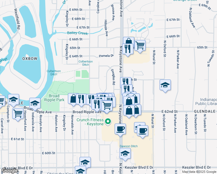 map of restaurants, bars, coffee shops, grocery stores, and more near 6303 Burlington Avenue in Indianapolis