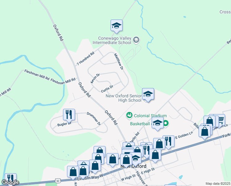 map of restaurants, bars, coffee shops, grocery stores, and more near 311 Matthew Drive in New Oxford