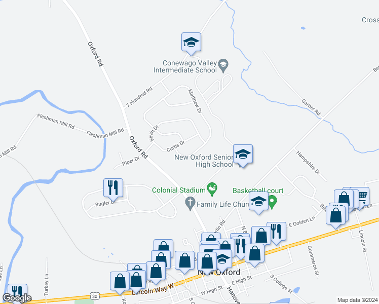 map of restaurants, bars, coffee shops, grocery stores, and more near 311 Matthew Drive in New Oxford