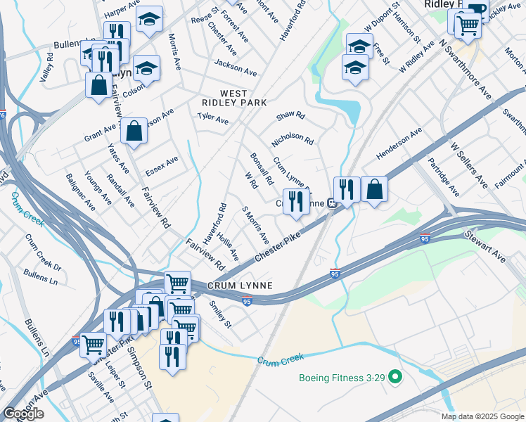 map of restaurants, bars, coffee shops, grocery stores, and more near 357 Holland Street in Crum Lynne