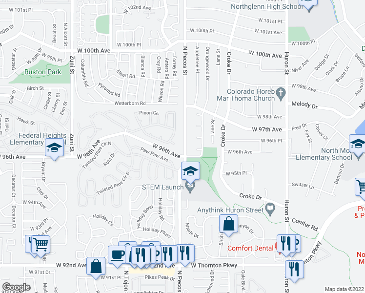 map of restaurants, bars, coffee shops, grocery stores, and more near 9615 North Pecos Street in Thornton
