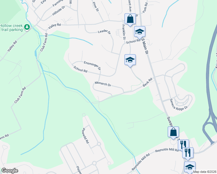 map of restaurants, bars, coffee shops, grocery stores, and more near 421 Monarch Drive in York