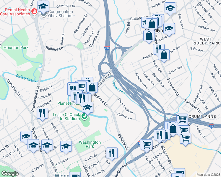 map of restaurants, bars, coffee shops, grocery stores, and more near 232 Crum Creek Drive in Woodlyn