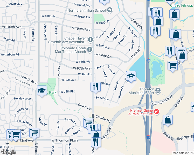 map of restaurants, bars, coffee shops, grocery stores, and more near 707 West 96th Avenue in Thornton