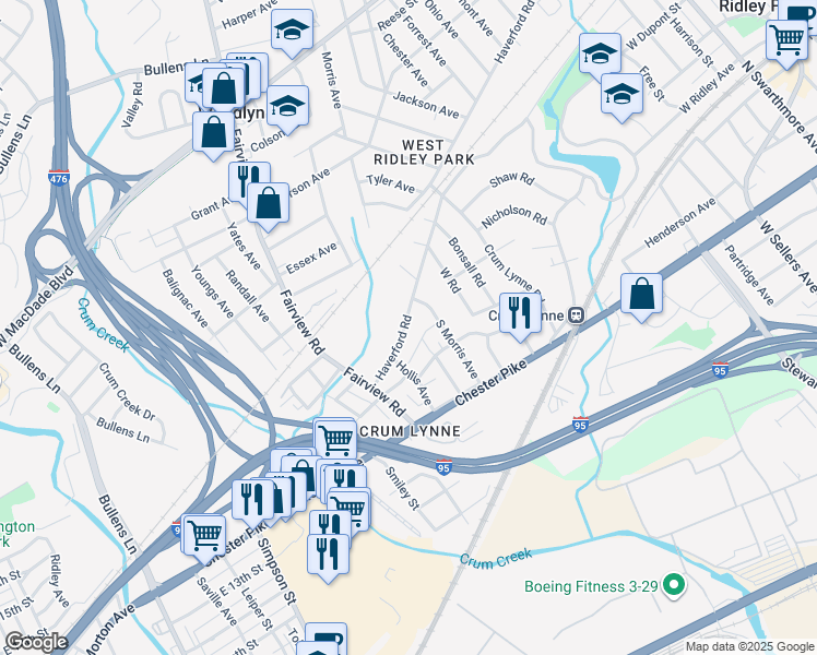 map of restaurants, bars, coffee shops, grocery stores, and more near 1134 Haverford Road in Crum Lynne