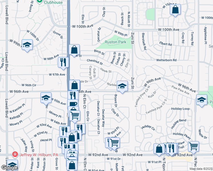 map of restaurants, bars, coffee shops, grocery stores, and more near 9631 Lark Street in Denver