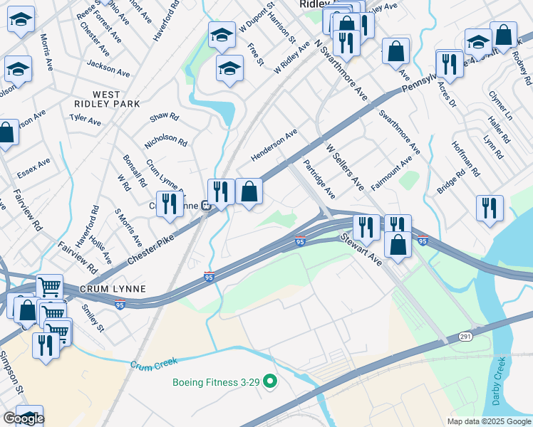 map of restaurants, bars, coffee shops, grocery stores, and more near 45 Collier Circle in Ridley Park