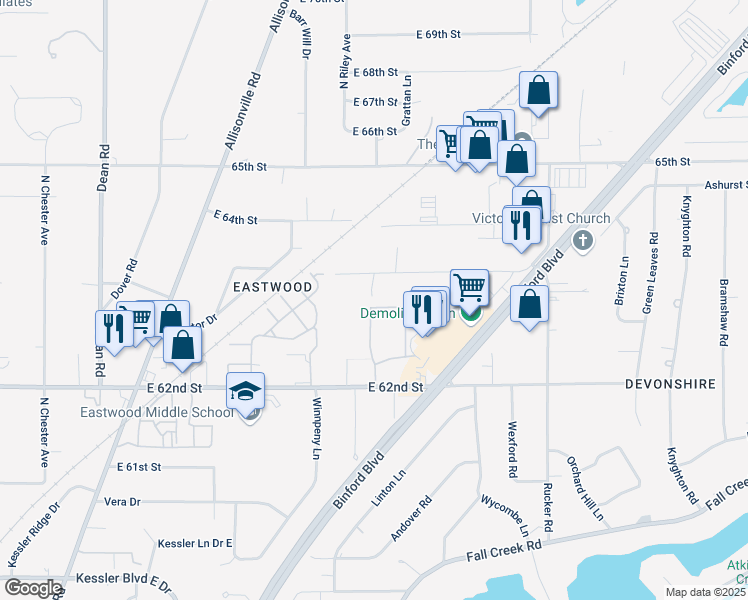 map of restaurants, bars, coffee shops, grocery stores, and more near 4949 East 64th Street in Indianapolis