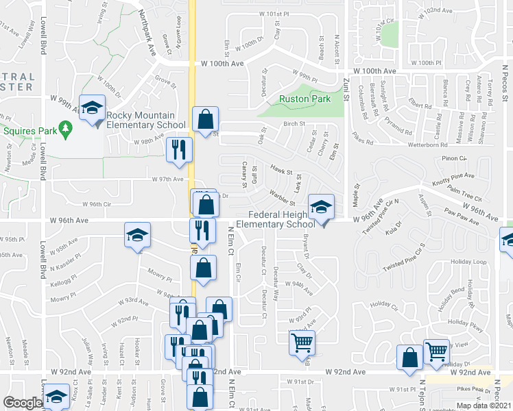 map of restaurants, bars, coffee shops, grocery stores, and more near 2860 Oriole Street in Denver