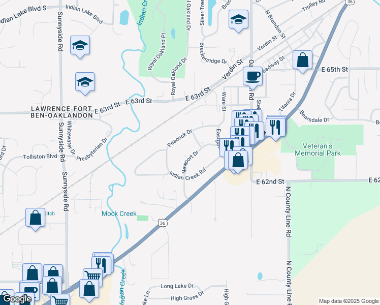 map of restaurants, bars, coffee shops, grocery stores, and more near 11610 Newport Drive in Indianapolis