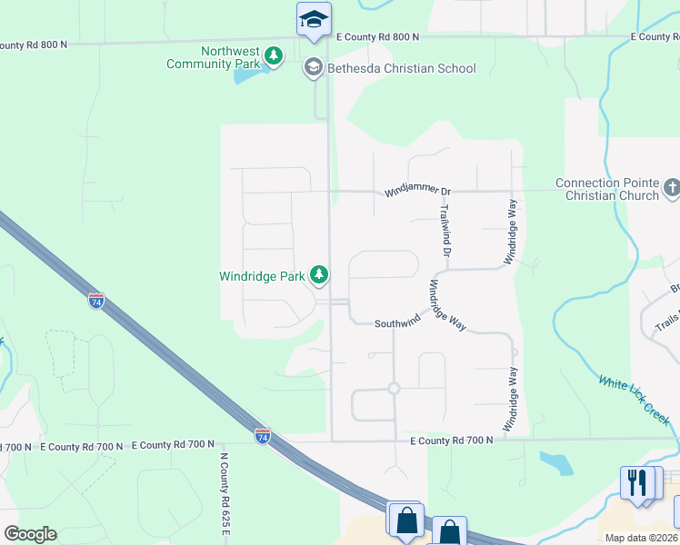 map of restaurants, bars, coffee shops, grocery stores, and more near 1630 Northwind in Brownsburg