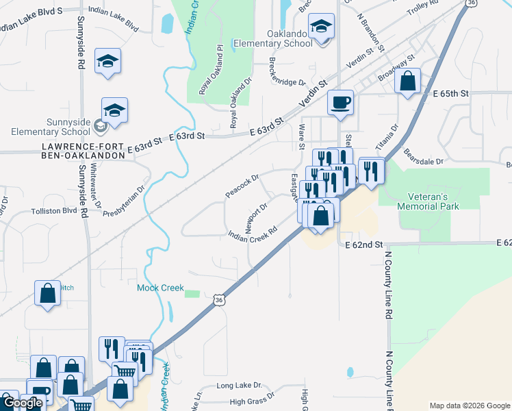 map of restaurants, bars, coffee shops, grocery stores, and more near 11620 Newport Drive in Indianapolis