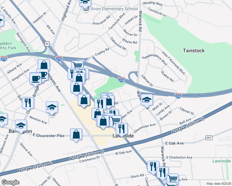map of restaurants, bars, coffee shops, grocery stores, and more near 11b Lawnside Plaza Road in Lawnside