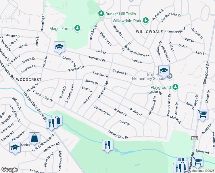 map of restaurants, bars, coffee shops, grocery stores, and more near 501 Gatewood Road in Cherry Hill