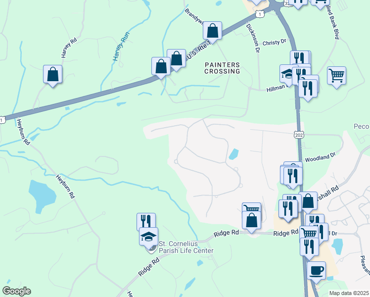 map of restaurants, bars, coffee shops, grocery stores, and more near 1 Poplar Road in Chadds Ford