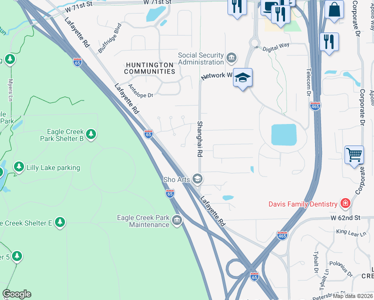 map of restaurants, bars, coffee shops, grocery stores, and more near 6407 Hunters Green Court in Indianapolis