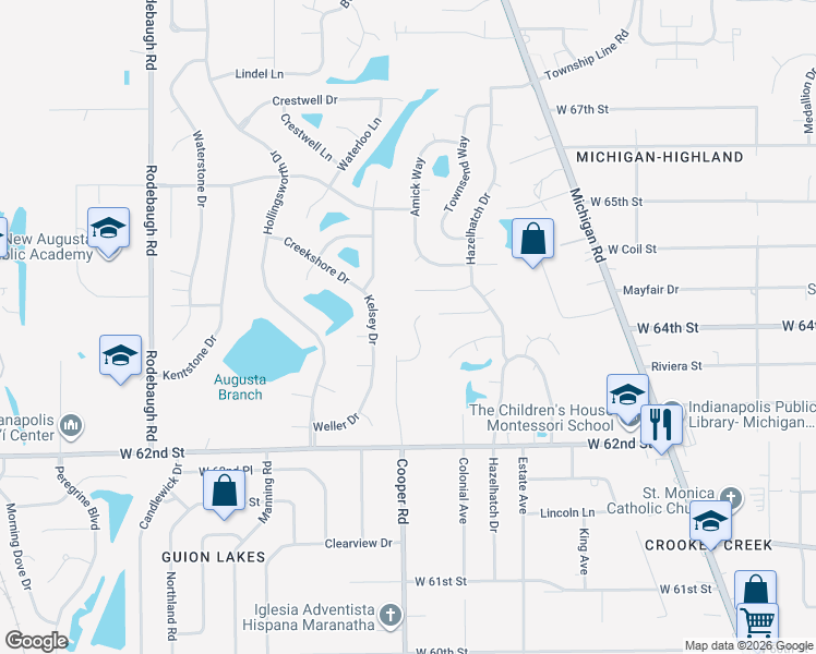 map of restaurants, bars, coffee shops, grocery stores, and more near 6360 Faith Circle in Indianapolis