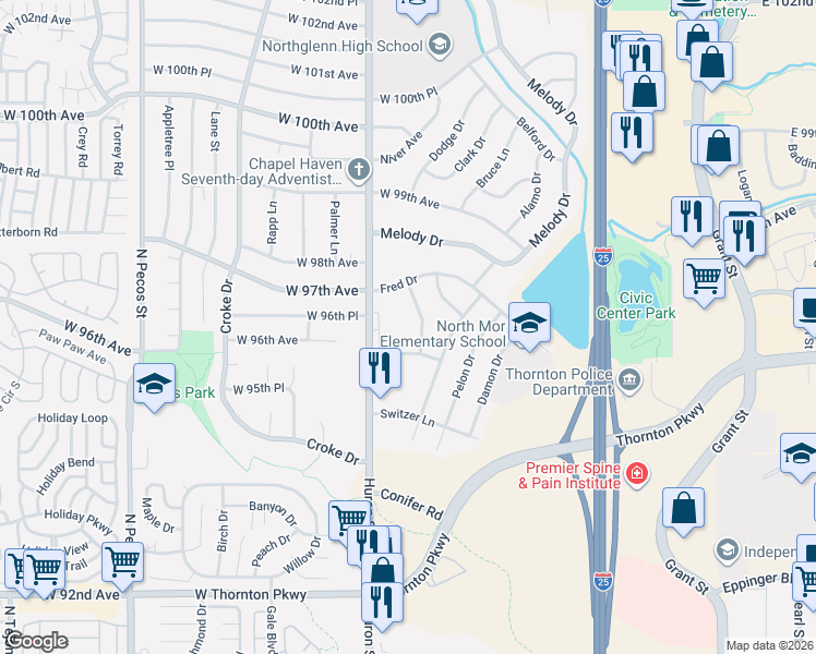 map of restaurants, bars, coffee shops, grocery stores, and more near 707 West 96th Avenue in Thornton