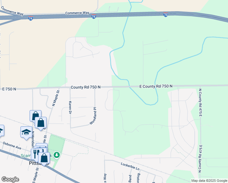 map of restaurants, bars, coffee shops, grocery stores, and more near 4279 East County Road 750 North in Pittsboro