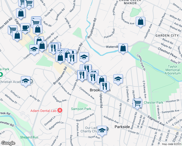map of restaurants, bars, coffee shops, grocery stores, and more near 3517 Edgmont Avenue in Brookhaven