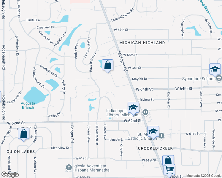 map of restaurants, bars, coffee shops, grocery stores, and more near 6334 Lendsmith Circle in Indianapolis