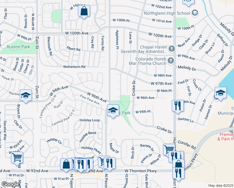 map of restaurants, bars, coffee shops, grocery stores, and more near 9621 Orangewood Drive in Thornton