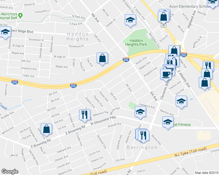 map of restaurants, bars, coffee shops, grocery stores, and more near 505 5th Avenue in Barrington