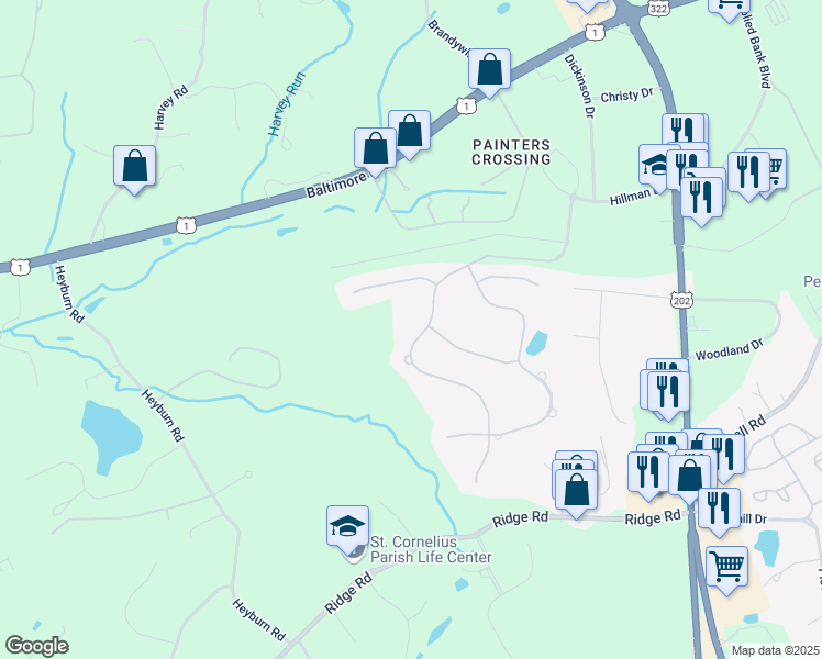 map of restaurants, bars, coffee shops, grocery stores, and more near 7 Evergreen Place in Chadds Ford