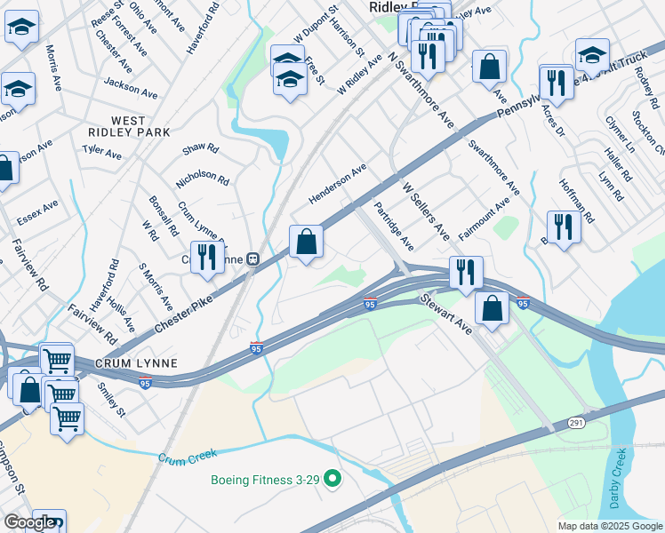 map of restaurants, bars, coffee shops, grocery stores, and more near 49 Collier Circle in Ridley Park