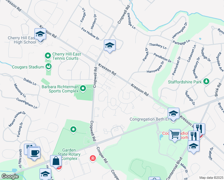map of restaurants, bars, coffee shops, grocery stores, and more near 513 Chanticleer in Cherry Hill