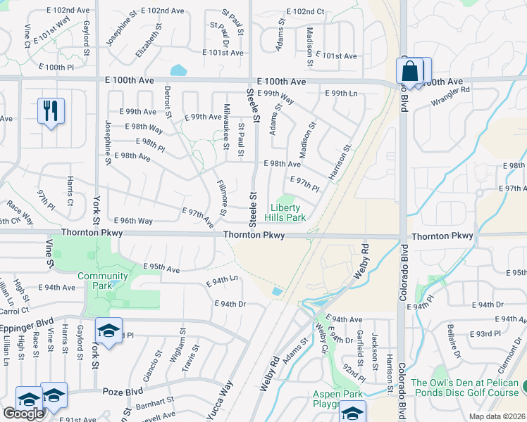 map of restaurants, bars, coffee shops, grocery stores, and more near 9680 Steele Street in Thornton