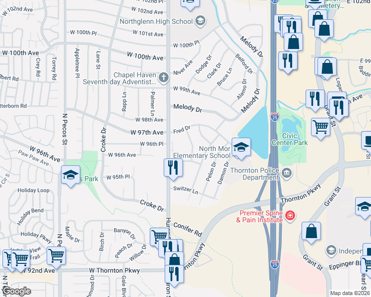 map of restaurants, bars, coffee shops, grocery stores, and more near 707 West 96th Avenue in Thornton