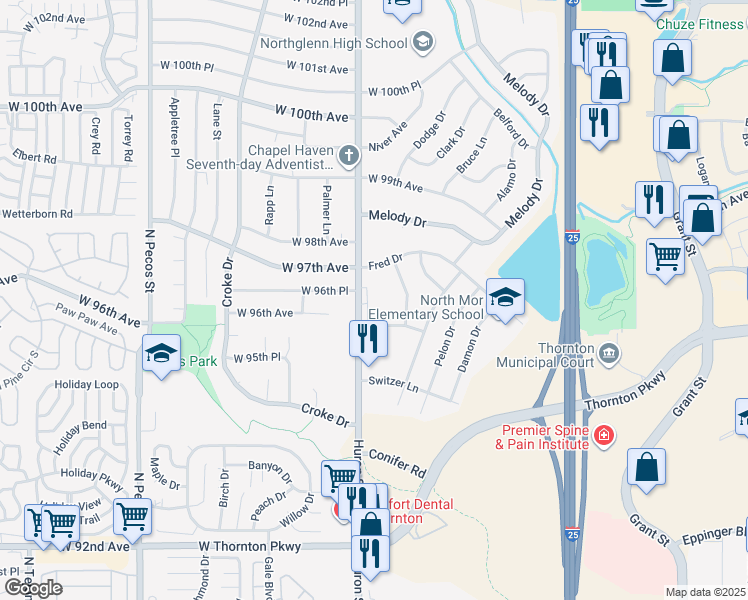 map of restaurants, bars, coffee shops, grocery stores, and more near 707 West 96th Avenue in Thornton