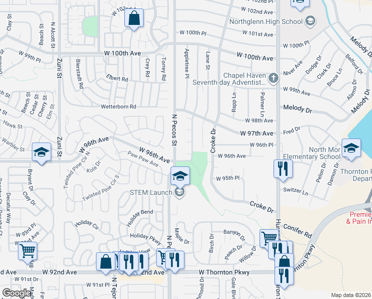 map of restaurants, bars, coffee shops, grocery stores, and more near 9621 Orangewood Drive in Thornton