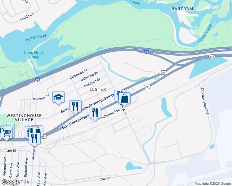 map of restaurants, bars, coffee shops, grocery stores, and more near 347 North Governor Printz Boulevard in Tinicum Township
