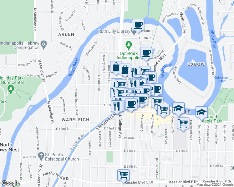 map of restaurants, bars, coffee shops, grocery stores, and more near 6346 North College Avenue in Indianapolis