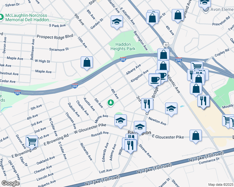 map of restaurants, bars, coffee shops, grocery stores, and more near 340 Kingston Avenue in Barrington