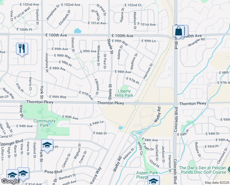 map of restaurants, bars, coffee shops, grocery stores, and more near 9680 Steele Street in Thornton